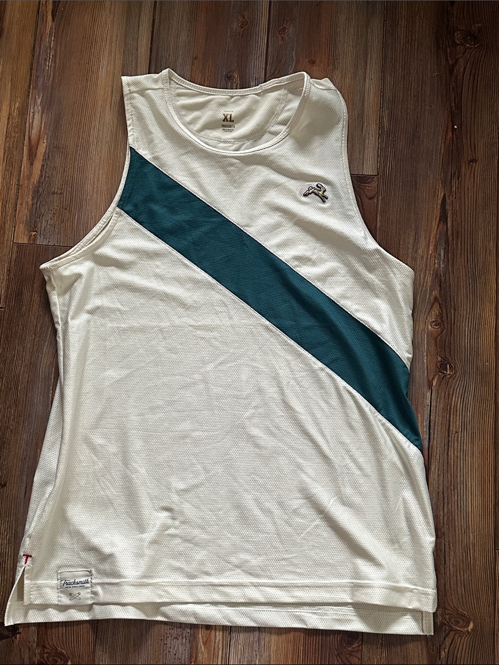 Tracksmith Cream Tank with Teal Diagonal Stripe XL